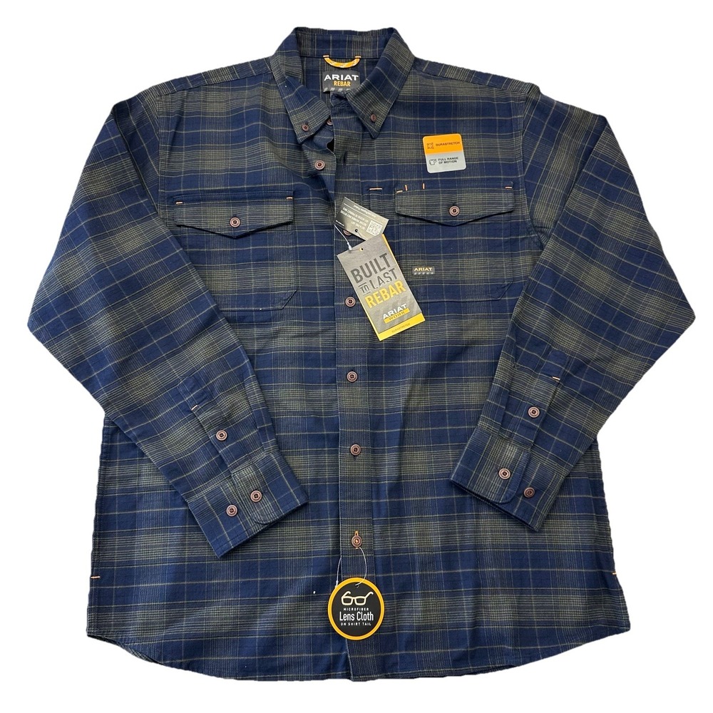 ARIAT MEN'S LARGE REBAR DURASTRETCH FLANNEL BLUE PLAID SHIRT